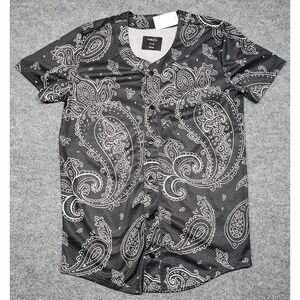 Rue21 Jersey Shirt Mens L Black Paisley Short Sleeve Button Up Collarless New